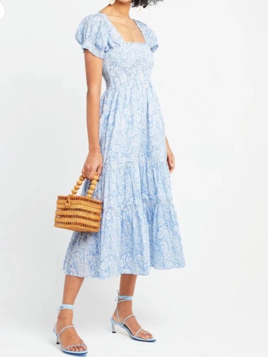 o.p.t Dresses & Skirts - o.p.t. Square Neck Smocked Maxi Dress Blue Paisley Print Cotton Puff Sleeve XS